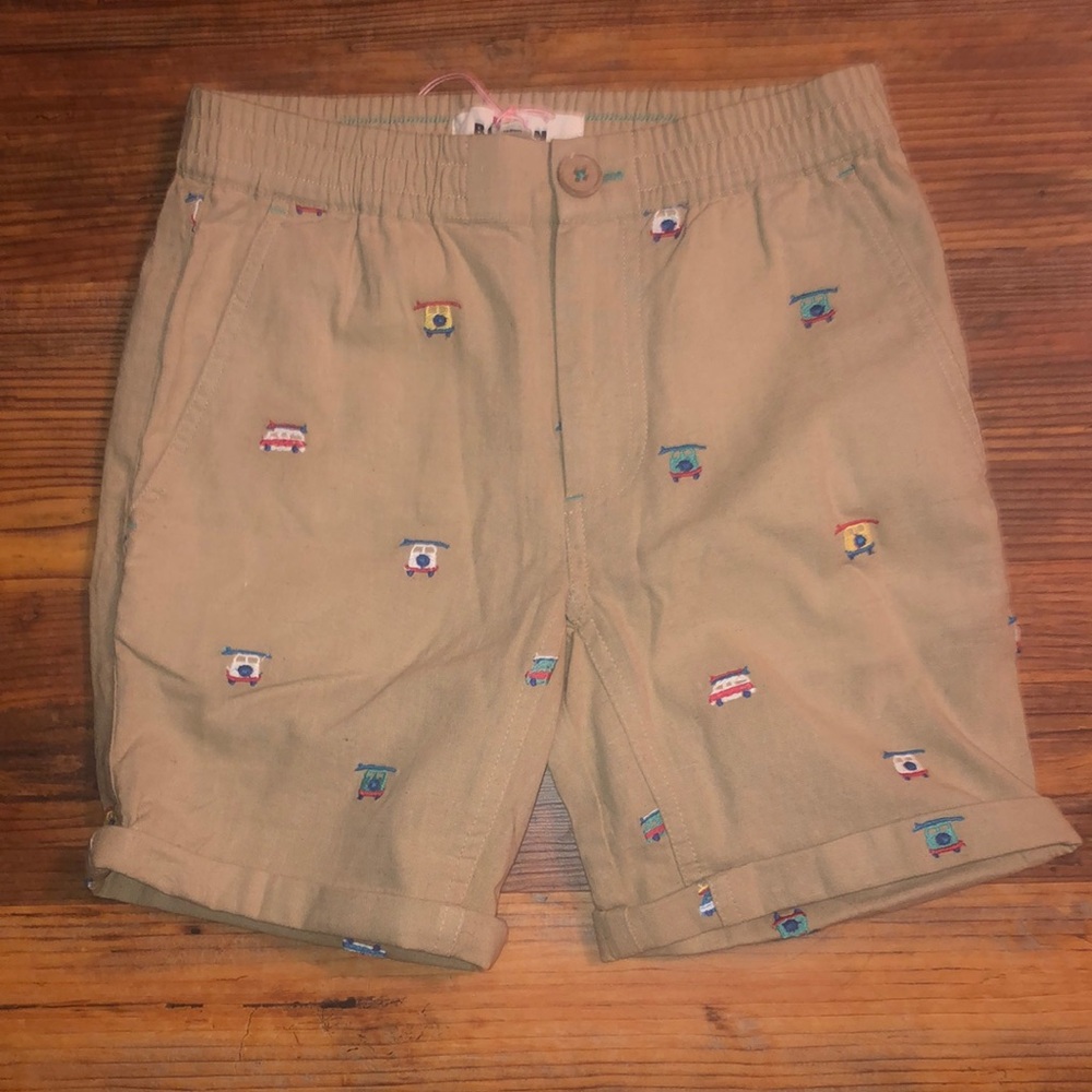 Mini Boden Tan Casual Shorts with Embroidered Bus Print